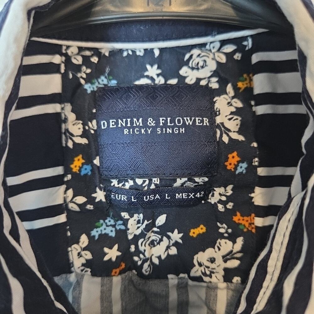 Denim & Flower Button Up Mens Large Navy Blue Striped Short Sleeve Shirt - Picture 2 of 6